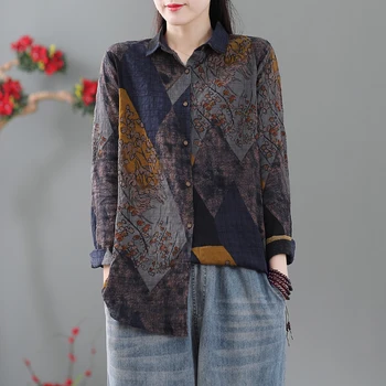 Женская рубашка с винтажным принтом из хлопка и льна 2021 года в стиле ретро С длинными рукавами, весенне-летний модный кардиган, топы, женские YoYiKamomo