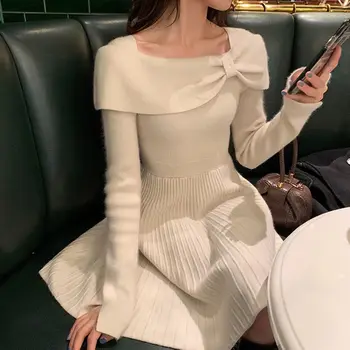 Вечернее цельное платье в Корейском стиле 2021, осеннее тонкое платье-свитер с длинным рукавом, женское повседневное Элегантное Офисное трикотажное платье, Женское зимнее