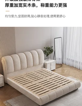 Тканевая кровать в кремовом стиле современная простая двуспальная кровать с татами основная кровать 1,5 м тканевая художественная кровать в мягкой обертке свадебная кровать