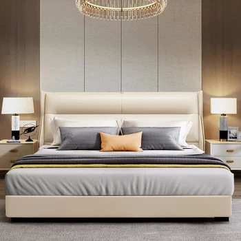 Современная легкая роскошная кожаная кровать Итальянское простое роскошное постельное белье Master Двуспальная кровать с 2-метровой кожаной кроватью из массива дерева