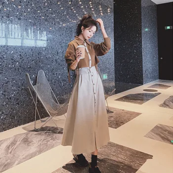 Корейское французское платье Женское Весна-осень 2021 Дизайнерский дизайн Высокого уровня, двухсекционные контрастные платья-рубашки