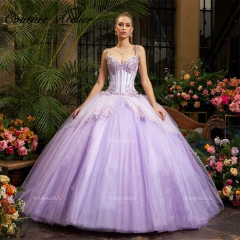 Пышные платья из тюля Светло-фиолетового цвета в стиле Спагетти, Бальное платье 2023, платье принцессы-сердечки, Кружевные аппликации из серебряного бисера, vestidos