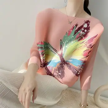 2023 Женская плиссированная футболка с бабочкой Miyake, рукава Три четверти, Свободные рубашки с круглым вырезом и принтом, Женский шикарный топ