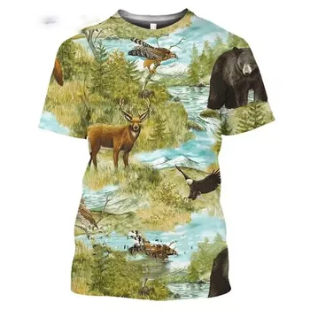 Мужская футболка с принтом лесного оленя, короткие рукава с воротником-стойкой