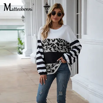 Модная женская футболка, Леопардовые осенние пуловеры в стиле пэчворк с длинным рукавом, женские топы, повседневная Свободная футболка, уличная одежда 2020 года, Новинка