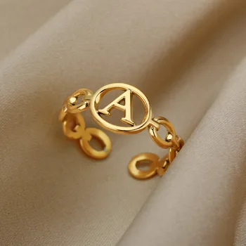 БЛЕСТЯЩИЕ Полые кольца с начальной буквой Для женщин, кольцо из нержавеющей стали, Регулируемое кольцо золотого цвета, Женская Свадебная эстетика