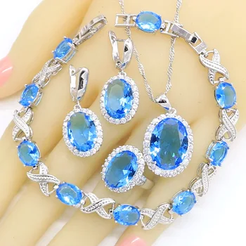Небесно-голубой Свадебный комплект ювелирных изделий с цирконием для женщин, браслет, серьги, ожерелье, кулон, кольцо, подарок на день рождения