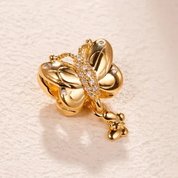 Блестящая Позолоченная Декоративная Бабочка и Бусина-шарм CZ Подходит для всех европейских ювелирных изделий, Браслетов и Ожерелий