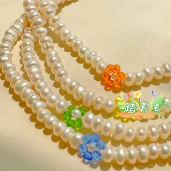 Япония Корея летнее ШИКАРНОЕ новое ожерелье из пресноводного жемчуга с хрустальным цветком для девочек fresh sweet collarbone chani