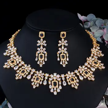 Африканское золото, черный CZ камень для новобрачных, свадебное ожерелье, серьги, Комплект ювелирных изделий