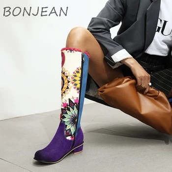 Женские кожаные ботинки с модным принтом соответствующего цвета, Женская обувь на низком каблуке, Толстый каблук, молния сбоку, Высокие сапоги до бедра, Большой размер