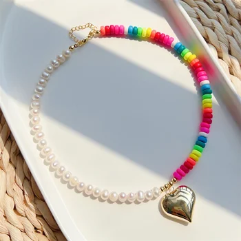 2023 Ожерелье с подвеской в виде сердца, Колье для женщин, ювелирные изделия в стиле бохо из натурального жемчуга, Летние ожерелья из бисера Rainbow Heishi Abacus