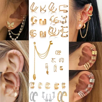 Золотые Металлические простые серьги-клипсы для женщин, модные креативные ушные манжеты C, набор зажимов для ушей без пирсинга, Трендовые ювелирные подарки