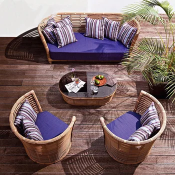 Комбинированный круглый диван из ротанга в скандинавском стиле, диван для отдыха, терраса, открытый внутренний двор отеля, мебель из ротанга