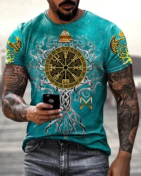 Летняя мужская футболка с круглым вырезом и коротким рукавом с принтом 2023, футболка с 3D-принтом Viking Tattoo Life Tree