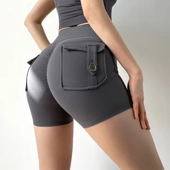 Женские леггинсные шорты с карманами и рюшами на заднице