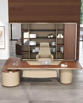 Стол босса из массива дерева, кожаный Стол президента, простой, современный, стильный, с выпекаемым дизайном, стол босса