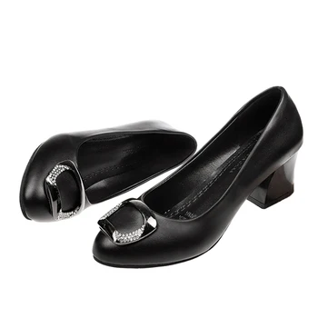 Rimocy / высококачественные женские туфли-лодочки из мягкой кожи на среднем каблуке с большой хрустальной пряжкой, женские офисные туфли на квадратном каблуке, повседневные женские туфли, размер 41