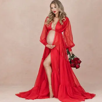 Красные платья для беременных с длинным рукавом, прозрачный тюлевый халат для фотосъемки, женское платье для выпускного вечера, Винтажный Свадебный халат de mariee