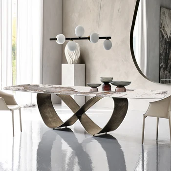 Итальянский роскошный обеденный стол из каменного сланца и сочетание стула модельная комната бронзовый стол особой формы с яркой поверхностью