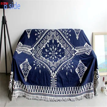 Европейское геометрическое покрывало из хлопка Белого и синего цвета с боковой кисточкой, покрывало для кровати, дивана, стула, гобелен, многофункциональный текстиль для домашнего декора